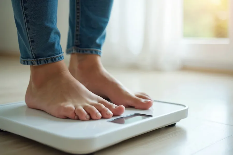 Bare feet standing on a bathroom scale